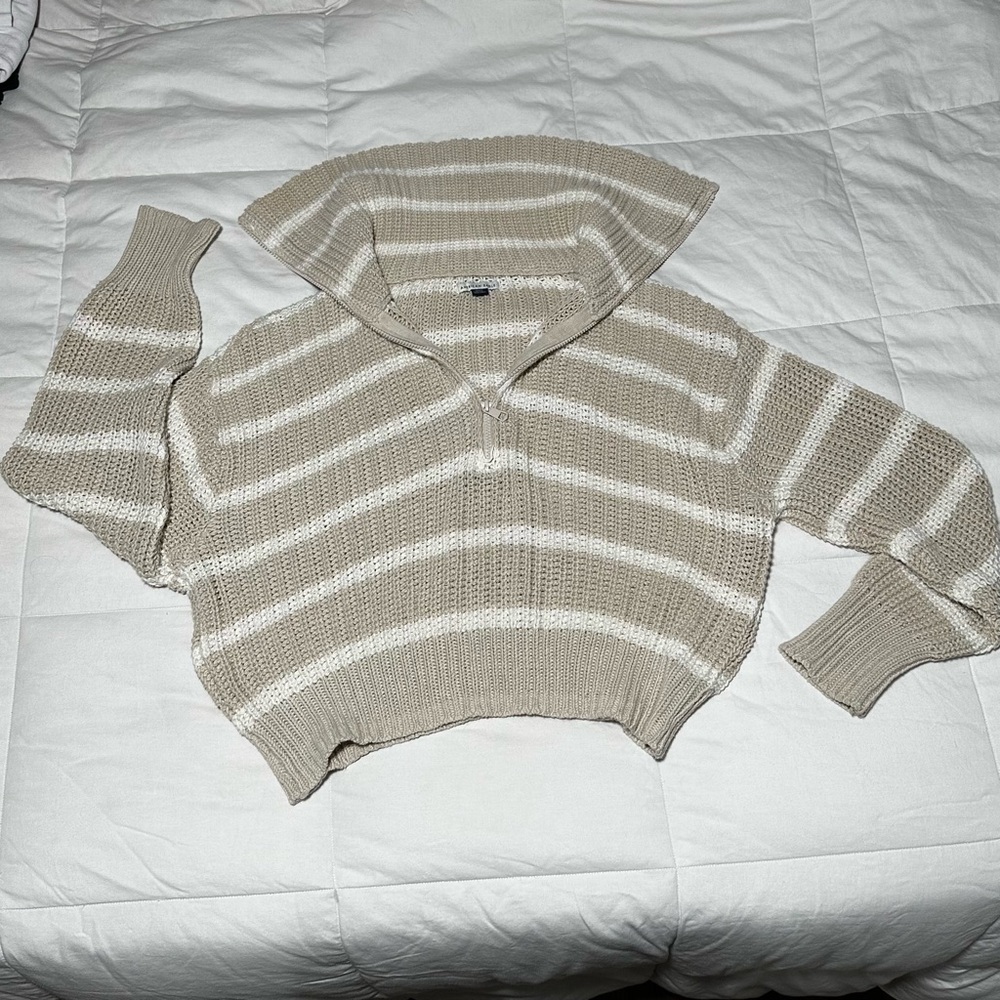 American Eagle Outfitters Half Zip Beige and White Striped Cowl neck Sweater